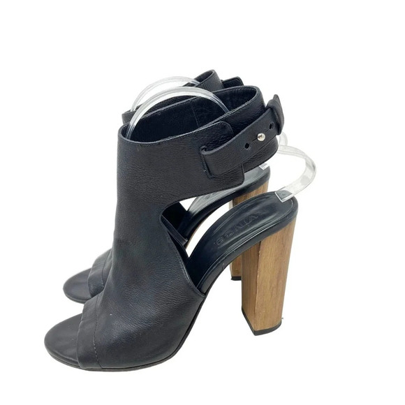 Vince Addie Cutout Black Leather‎ Sandal Wood Heels Size US 8 - Picture 7 of 14